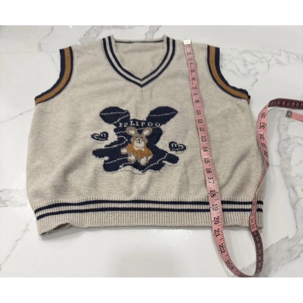 Felifoo Bunny Sweater Vest Womens Small Beige V Neck Knit‎ Preppy Rabbit Cute - Picture 6 of 7